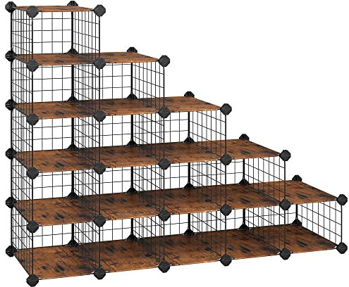 SONGMICS Interlocking Shoe Rack, 15-Slot Modular Shoe Organiser, Under Stairs Storage Unit, 35 x 22 x 17 cm for Each Slot, Shoe Storage for Closet, Bedroom, Rustic Brown and Black LPM404A01