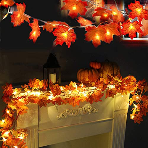 LAMOOER Maple Leaf Lichterketten, 6M 40 LED Herbstblatt Girlanden Lichter für Thanksgiving, Halloween, Weihnachten Outdoor Indoor Decor