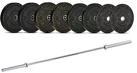 MuscleSquad Coloured Crumb Rubber Olympic Bumper Plates 100kg Set + Bar
