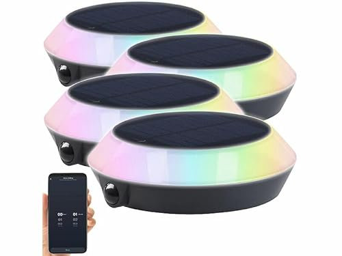 Lunartec Solarleuchte Garten bunt: 4er-Set Solar-Outdoor-Leuchte, RGB-CCT-LEDs, PIR, Bluetooth, App, 90lm (LED Solar Wegbeleuchtungen, Gartensolarleuchte)