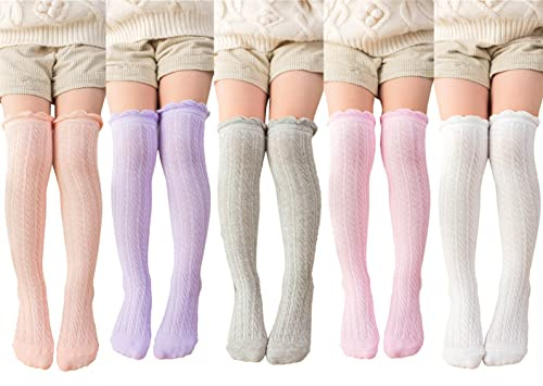 Toptim Little Girl's Knee High Socks Over Calf Kids Overknee Stockings Bow Style 3-12T(F-5Pairs)
