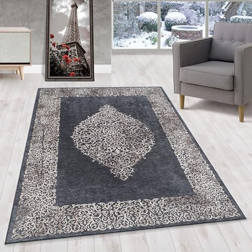 HomebyHome Kurzflor Teppich Wohnzimmer 140x200 cm, Vintage und Klassisches Design, in Schwarz - Orientteppich Bordüre, rutschfest, Waschbar und Weich - Ideal für Schlafzimmer, Esszimmer, Küche