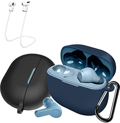 easyBee 2er Pack Hülle für JBL Wave 200 TWS/JBL Vibe 200 TWS Case mit 2 Karabiner 2 Halteband Strap, Flüssiges Silikon Ultradünn Stoßfest Schutzhülle Bluetooth Kopfhörer Tasche - Schwarz und Blau