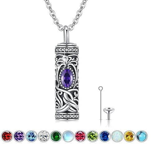 XIXLES Tree of Life Urn Necklaces for Ashes 925 Sterling Silver Tree of Life Cremation Jewellery Memory Gift for Women Men Cylinder Urn Necklace Sterling Silver Purple Crystal Memorial Jewellery