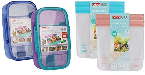 Décor Go Bento Box This Lunch Box with compartments 2L Sectioned Lunch Box is BPA Free & Airtight Seal Perfect for Meal Prep - Assorted Colours & Reusable Large Food Storage Bags