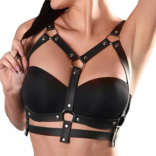 BDSMYEE Leder Harness, BDSM Dessous, BH Body Harness, Sexy Outfit für Damen, Domina, Rave, Fetisch Kleidung (F)