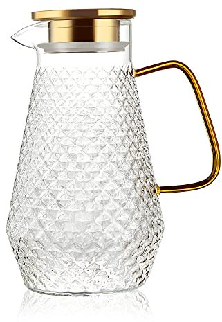 OTARTU Pichet en verre, carafe à eau de 1,5 litre avec couvercle en acier inoxydable, service à boissons, carafe à thé glacé, carafe à eau avec poignée, résistant à la chaleur. Réfrigérateur