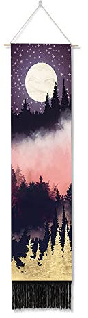 Ricemru Schmaler Wandteppich Wald Natur Himmel Wandbehang Baumkrone Mond Sterne Nachthimmel Wandtuch Forest Tree Landschaft Wanddeko Tapestry Wandkunst Deko