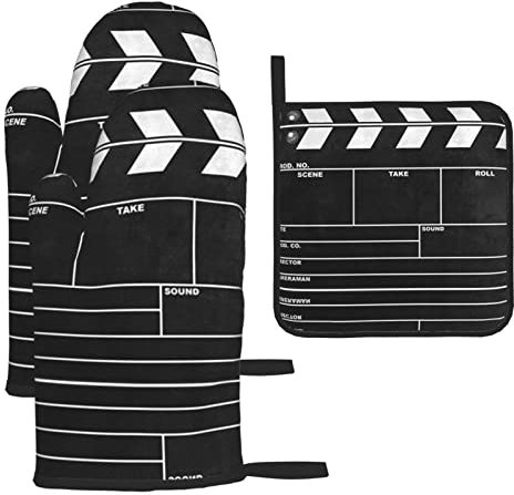 Set di 3 guanti da cucina classici neri e presine resistenti al calore e durevoli per la cottura