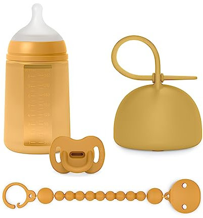 Suavinex, Pack Bebé Regalo Recién Nacido con Biberón Anticólico de Silicona, 240 ml, de Flujo Medio (M), Chupete de Silicona con Tetina SX Pro 0/6 Meses, Chupetero y Portachupetes de Silicona, Mostaza