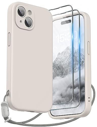 SURPHY kompatibel mit iPhone 15 Hülle Silikon mit Band & Displayschutzfolie 6,1 2023, Handyhülle iPhone 15 Case mit Kameraschutz, iPhone 15 Schutzhülle, Stone