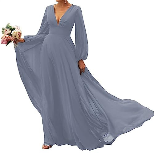 Chiffon V Neck Wedding Bridesmaid Dress Long Sleeve Wedding Guest Gowns with Train Dusty Blue UK28