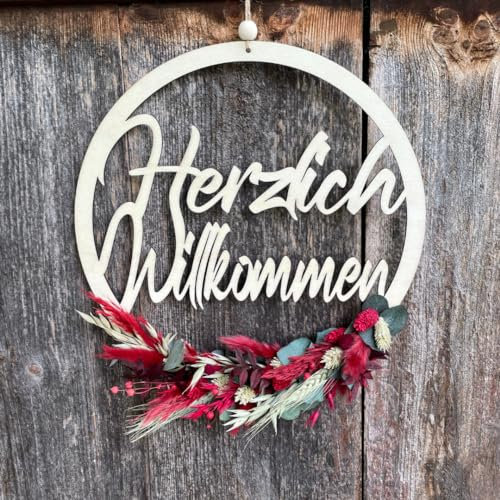 Willkommensschild - Trockenblumenkranz - Türkranz Trockenblumen mit Herzlich Willkommen'' Schriftzug - Herzlich Willkommen Türhänger (24cm Holz Natur, Rot/Grün - Bordeaux)