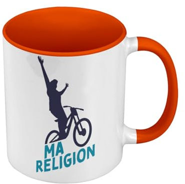 Tasse in Premium-Qualität, Orange – Ma Religion MTB Fahrrad Frankreich Radfahren Berg Downhill – Tasse mit Henkel und farbigem Innenfutter