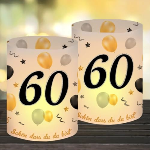 12 Windlicht Tischdeko 60 Geburtstag, Deko 60 Geburtstag Frau Mann, Happy Birthday Tischdeko 60. Geburtstag Frauen, Geeignet für Teelichter oder Kerzen mit Schön DASS Du Da Bist und Eukalyptus
