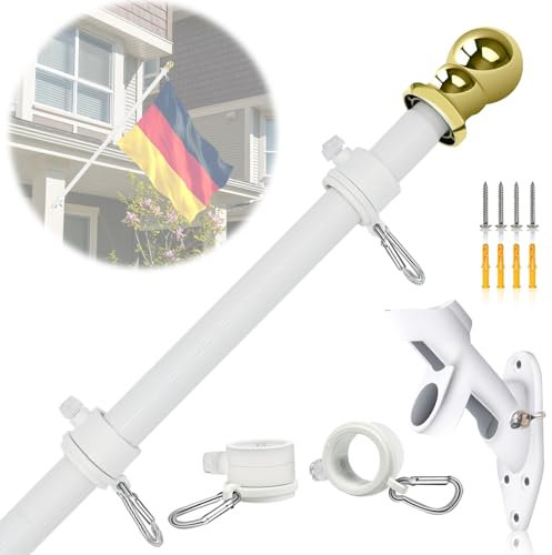 NQ Fahnenmast Stabil 1.5M (5FT),Fahnenmast aus Edelstahl mit Fahnenhalter für zu Hause Garten,Fahnenstange Set Wandhalterung Weiß Flag Pole