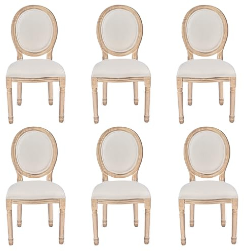 VONLUCE Juego de 6 Sillas de Comedor con Respaldo Redondo y Patas de Madera de Caucho - Tapizadas en Tela para Salón, Dormitorio - Estilo Vintage