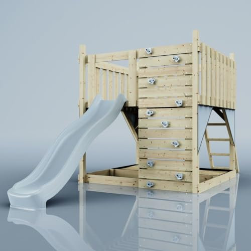 Rebo Spielturm aus Holz mit Kletterwand | Outdoor Klettergerüst mit Plattform, Wellenrutsche und Sandkasten