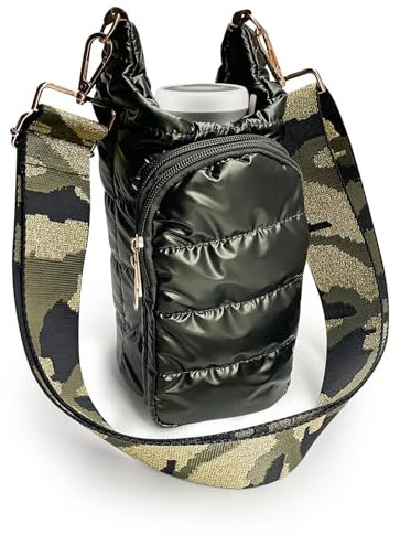 JSLOOO Puffer Quilted Water Bottle Carrier Bag with Strap, Crossbody Water Bottle Holder with Adjustable Shoulder, Lightweight Water Bottle Sling Bag with Phone Pocket, Bottle Pouch for Outdoors, Army