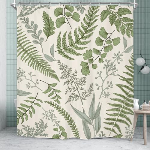 Riyidecor Sage Green Fern Shower Curtain for Bathroom Decor 72Wx72H Spring Leaves Eucalyptus Plant Botanical Natural Floral Art Printed Fabric Polyester Waterproof 12 Pack Plastic Hooks