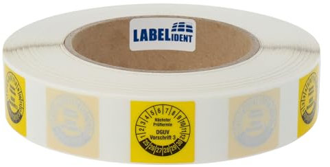 Kabelprüfplaketten 25 x 70 mm für Kabel-Ø 7,5 bis 16,5 mm - Nächster Prüftermin DGUV Vorschrift 3-1.000 Prüfplaketten auf Rolle 2025-2030, Vinyl gelb-schwarz