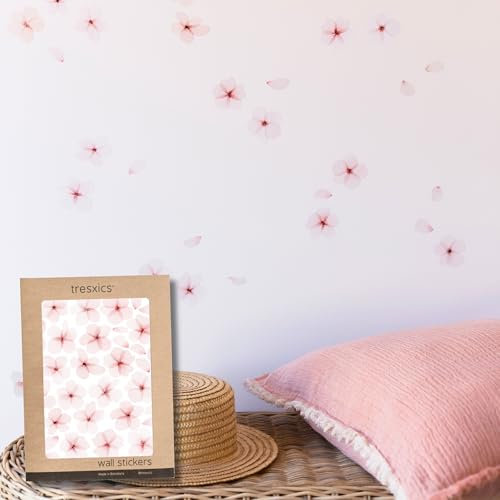 TRESXICS Stickers Muraux Salon Fleurs de Cerisier Aquarelle, 72 fleurs et 60 pétales, Décoration Chambre Original et Résistant, Effet Papier Peint Autocollant Mural, Facile et Amovible (Rose)