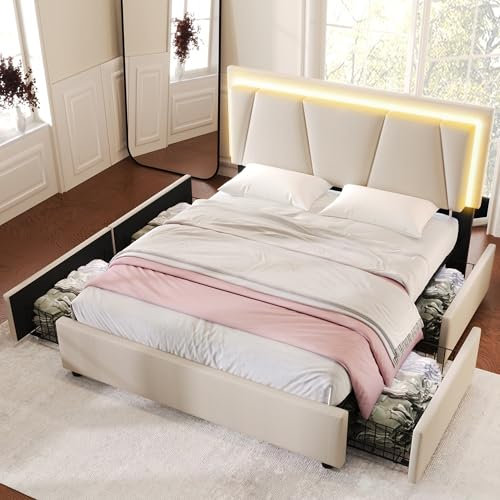 Polsterbett 140x200, LED Doppelbett mit 4 Schubladen und Höhenverstellbarem Kopfteil, Bett Jugendbett Stauraumbett Funktionsbett Rückenlehne Bettgestell mit Lattenrost, Leinen, Ohne Matratze, Beige