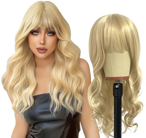 EUPSIIU Lange Gewellt Blonde Perücke mit Pony für Frauen, 27’’ Lange Lockige Volle Haar Gewellt Hitzebeständig Perücke Cosplay Kostüm Charmante Perücke für Tägliche Karneval Fasching (Blonde)