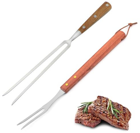Hwtcjx 2 Pezzi Forchettone per Carne in Acciaio Inox, Forchetta per Carne, Forchettoni da Carne, Forchettone Barbecue, Forchetta per Arrosti, Manico in Legno, Forchette Acciaio per Arrosti