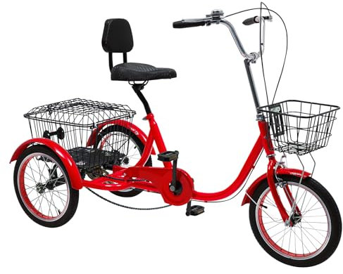 Cutycaty Dreirad Für Erwachsene Senioren 16 Zoll Erwachsene Dreirad, Adult Tricycle, Dreirad Fahrrad 3 Räder Lastenfahrrad, Citybike-Dreirad mit Einkaufskorb & Rückenlehne (Rot)