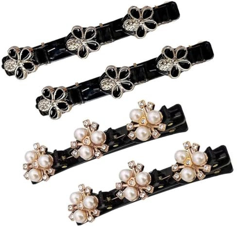 EIH 4 Pièces Barettes Cheveux Femme Chic,Barrette à Cheveux Latérale à Trois Fleurs,Serre Tete Pince,Tresse Cheveux,Pince Cheveux Femme,Pinces à Cheveux Tressées en Pierre de Cristal Etincelante