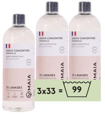 MAIA - Lessive Bio Fleurs d'amandier 3L - 99 lavages - Lavage en machine - Efficacité anti-taches prouvée - Formule sans allergènes - Emballage écologique - Fabriquée en France