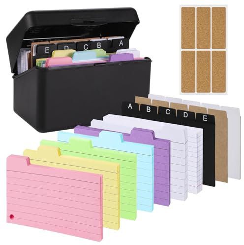 Index Card Box Set, Flashcard Box with 180 Ruled Index Cards, 6 Rings, 6 Stickers, Colourful Index Cards Box for On The Go Learning Notes (6Colours, 3 x 5 inch), Index Card Organizer, Recipe Card Box