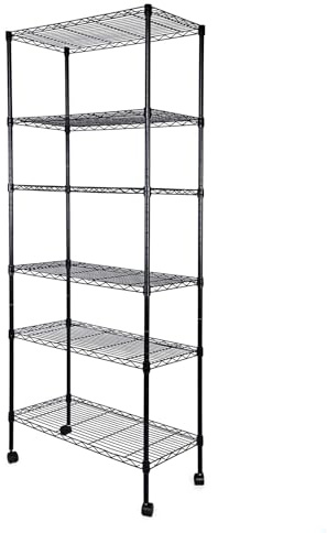 Simple Deluxe Regal mit 6 Ebenen, 75 cm B x 35 cm T x 180 cm H, verstellbares Drahtregal mit Haken und Rollen, Schwarz