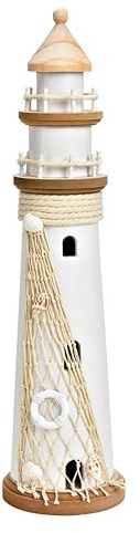 Leuchtturm aus Holz mit Fischernetz und Muscheln verziert, weiß klassisch- Deko Maritim Sommer Tischdeko