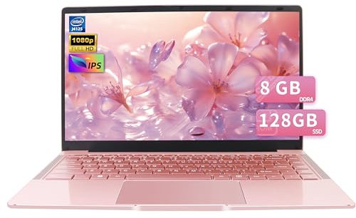 Amita 14 Rose Gold Laptop FHD IPS Display Celeron J4125 8GB DDR4 128GB SSD Ultra-Thin Notebook with Win 11 Pro & Office 2019,180° Design/USB3.0/BT/Perfect for Study&Work (128GB)