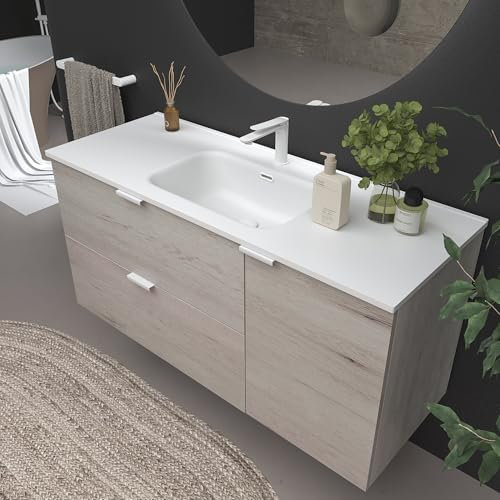 VARO BATH | Mueble de baño suspendido colección Vito - Color Roble Mozart (2 Cajones + 1 Puerta) (Lavabo Blanco, 120cm de Ancho)