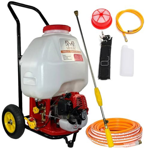 MIXURY X-30 Fumigadora Pulverizador a Gasolina 2T (27 CC, 1,5 CV) con Mangueras 2m y 10m, Carro y Lanza Regulable – Sulfatadora Eficiente para Jardín y Agricultura – Instrucciones en Castellano.