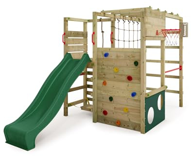 FATMOOSE Spielturm Klettergerüst ActionArena Air mit grüner Rutsche, Outdoor Kinder Kletterturm mit Leiter, Basketballkorb & Spiel-Zubehör für den Garten