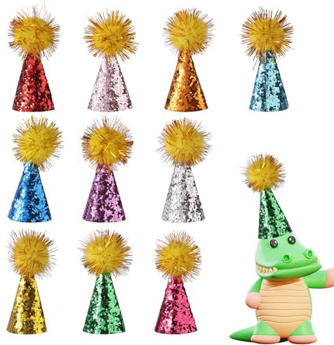 Tinoaly 10 Stück Mini Partyhüte für Stofftiere, Bunt Geburtstagshut für Hunde und Katzen Kleine Kegelhüte mit Glitzer Pompons für Spielzeug-Dinosaurier Basteln Kinder Partydekorationen Kostümzubehör
