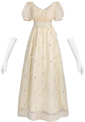 CR ROLECOSRegencyKleid Empire Prinzessin Mit Handschuhen Ballkleid TüllGold | Regency Kleid Viktorianische Jane Austen Lange Vintage Viktorianische Regency Era Ballkleid mit Handschuhen Empire Taille