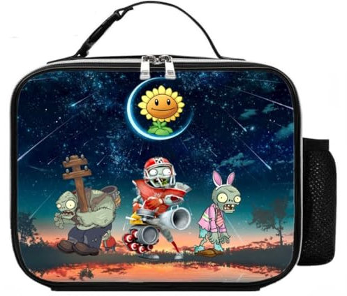 Plants KO Zombies Boys Girls School Leakproof Leather Insulated Lunch Bag Children Reusable Thermal Cooler Food Hand Bag Kid's Birthday Xmas Gift (B)
