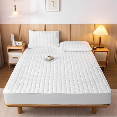 Tolldek Weiß Spannbettlaken Jersey, Einfarbig mit Kariert Muster Bettlaken mit Gummizug Polyester, Matratzenschutz Tagesdecken Betthusse für Boxspringbett & Wasserbett, 180x200cm