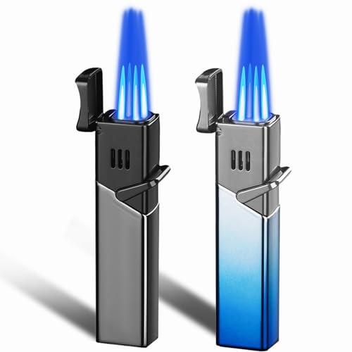 2 Pack Four Torch Lighter, Dual Flame Refillable Butane Gas, Windproof Adjustable Flame Lighters for Kitchen,Outdoor,Grill,Candle,Camping (Without Butane)-Black+Blue