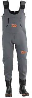 Daiwa D-VEC Neoprene Wathose, 4mm Neopren, Verstärkter Kniebereich, Brusttasche, Robuster Stiefel mit Steel Shank, Grau, für Angler (Gr. 46/47)