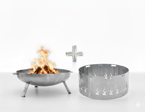 Feuerschale 79 cm mit Funkenschutz Set - Stahl-Feuerschale mit 3 Beinen und Funkenring Flammenmotiv - Unbehandelter Stahl, ca. 12 kg - Garten, Terrasse, Gastronomie - Favilla