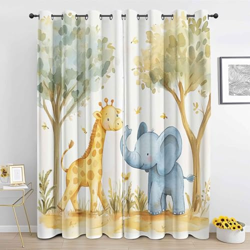 DSRDRFG Elefanten-Giraffen-Vorhänge für Kinderzimmer 135 x 130 cm (B x H) Niedliche Waldtiere, 100% Verdunkelungsvorhänge für Jungen Mädchenzimmer, Klassenzimmerdekoration, mit Ösen, 2er Set