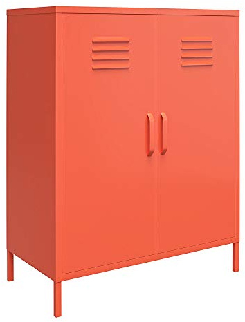 Cache Metall-Spindschrank Orange, 80 x 40 x 101 cm, Aufbewahrungsschrank mit 2 Türen und 3 Regalböden, Metallschrank für Büro, Flur, Wohnzimmer und Home Office