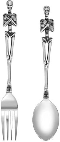 2Pcs Skull Silverware Set, Stainless Steel Halloween Dinnerware Include Fork & Spoon, Silver Gothic Silverware Set for Home Party Restaurant, Silver