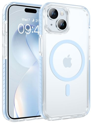GUAGUA Transparent Magnetic for iPhone 15 Case, Clear Light Blue | Cute Blue Strips Bumper Transparent Back, Fit for MagSafe, Military Drop Protection, Slim Ultra Shockproof Anti-Scratch Cover
